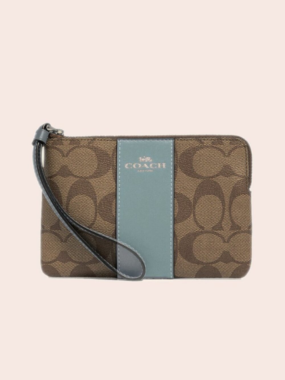 Coach Corner Zip Wristlet Khaki Signature Canvas Blue Trim Mini Pouch EUC